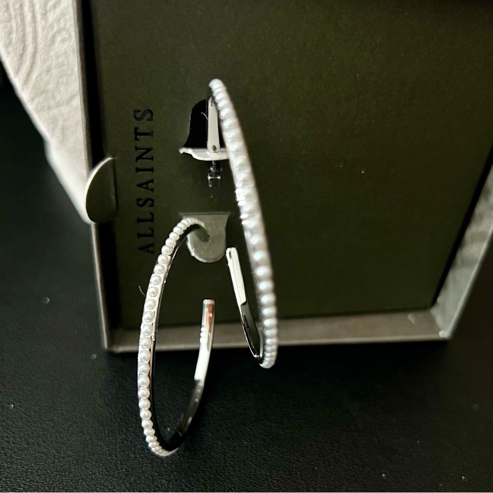 ALLSAINTS Rhodium Faux Pearl Hoop Earrings - Picture 5 of 8